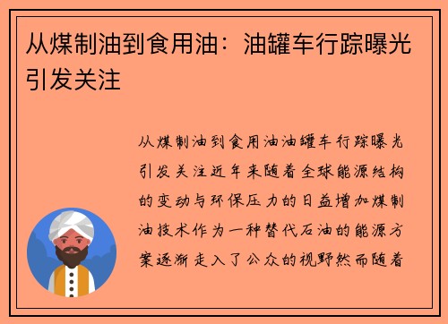 从煤制油到食用油：油罐车行踪曝光引发关注