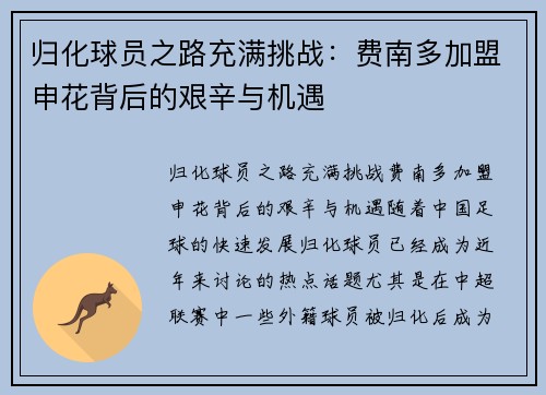 归化球员之路充满挑战：费南多加盟申花背后的艰辛与机遇