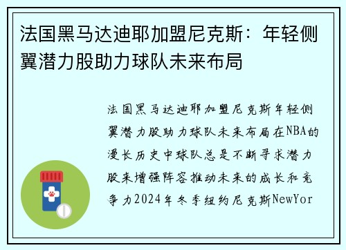 法国黑马达迪耶加盟尼克斯：年轻侧翼潜力股助力球队未来布局