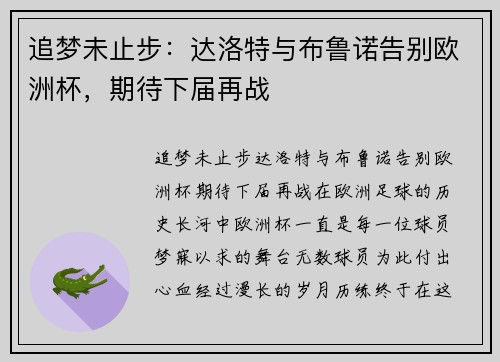 追梦未止步：达洛特与布鲁诺告别欧洲杯，期待下届再战