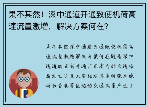 果不其然！深中通道开通致使机荷高速流量激增，解决方案何在？